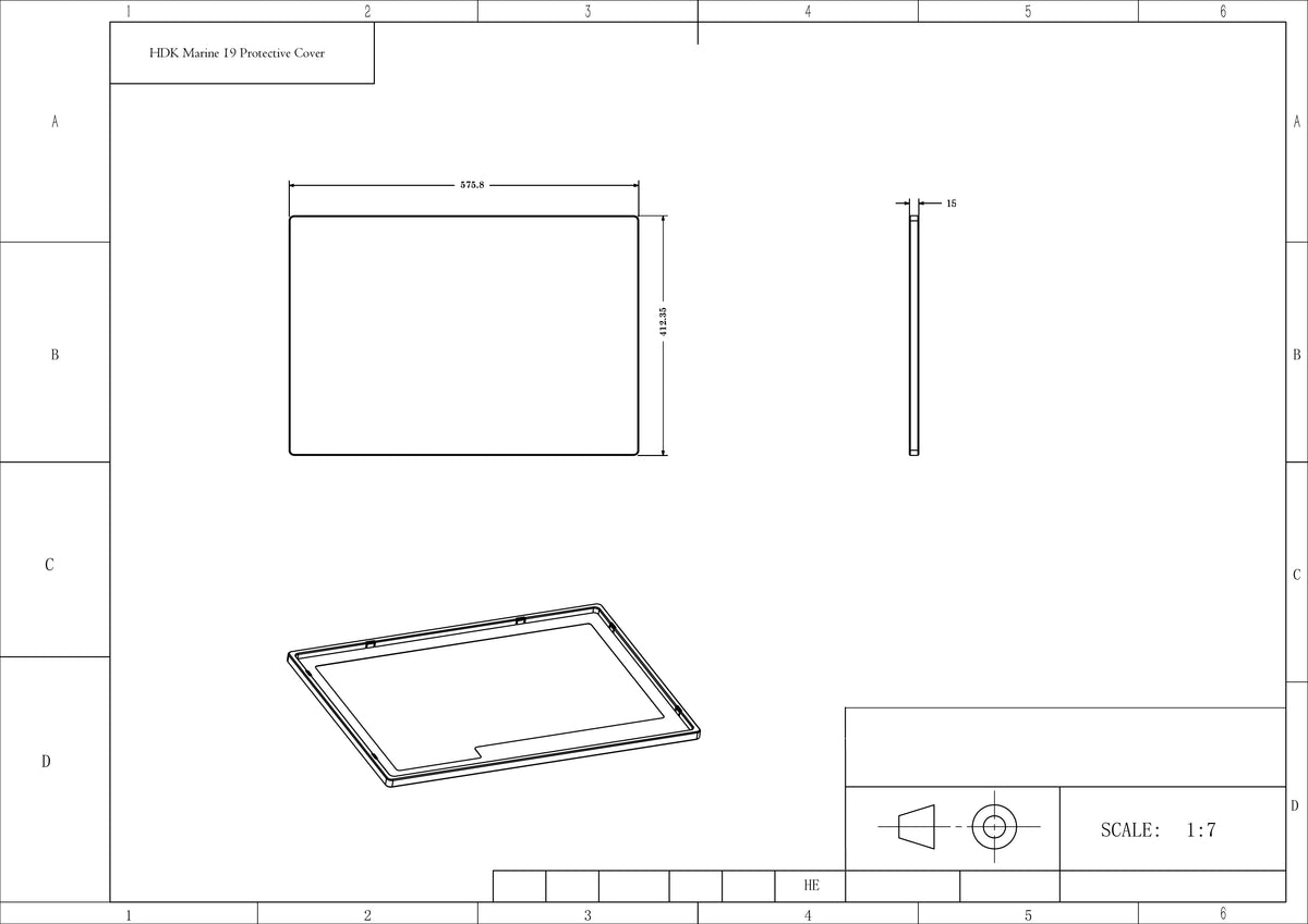 Technical drawing of the HDK Marine 19 Display Protective Cover, showing front, side, and perspective views with dimensions.