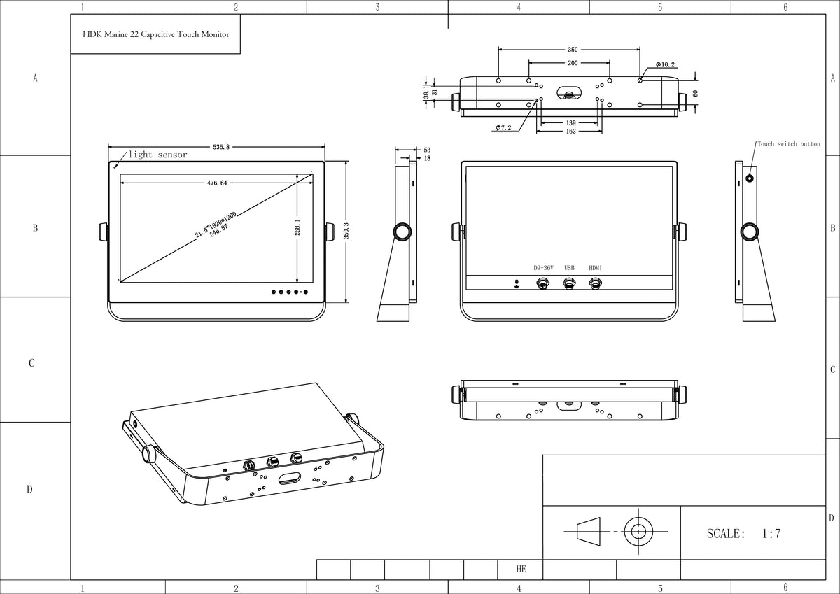 Technical drawing of a HDK Marine 22 Display monitor showing multiple orthographic views with dimensions.