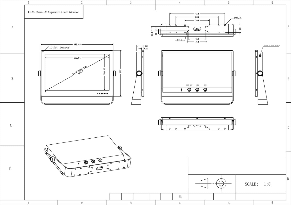 Technical drawing of the HDK Marine 24 Display monitor showing multiple orthographic views with dimensions.