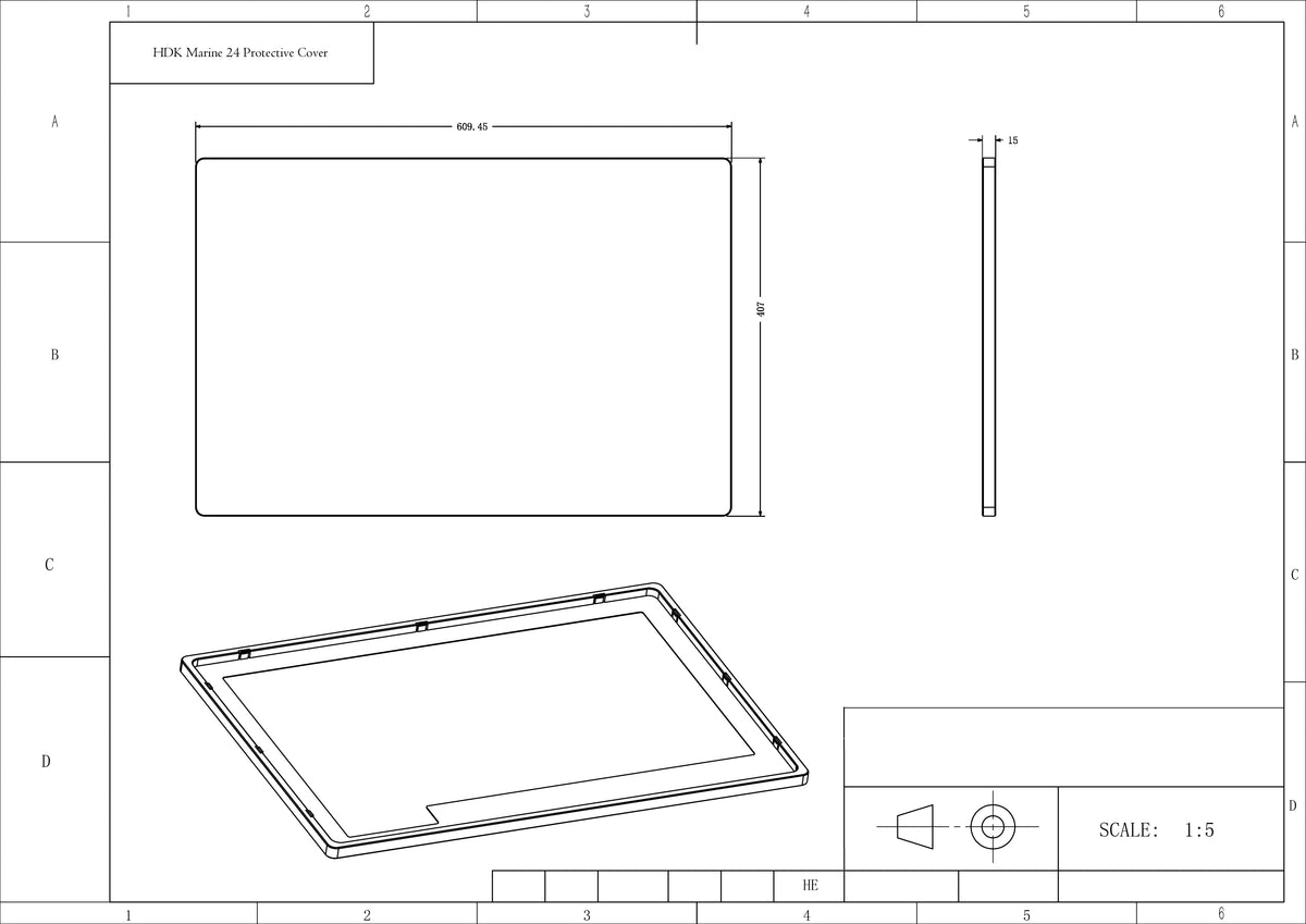 Technical drawing of the HDK Marine 24 Display Protective Cover, showing front, side, and perspective views with dimensions.