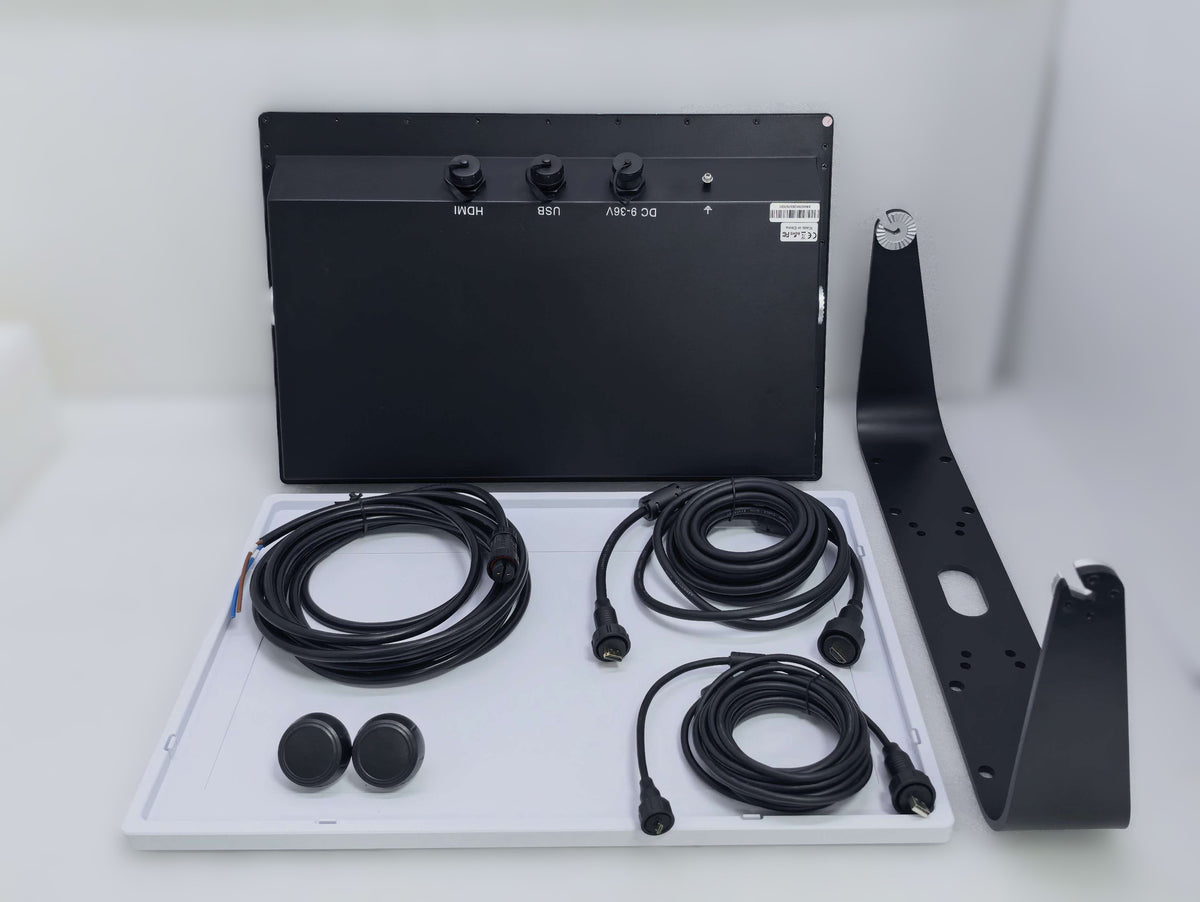 Overview of Display, cables, bracket, bracket knobs, and screen protector.